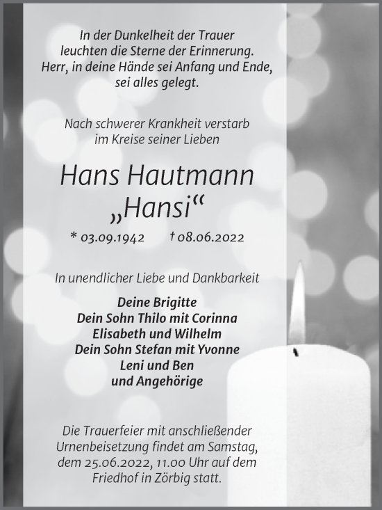 Traueranzeige von Hans Hautmann von Trauerkombi Bitterfeld