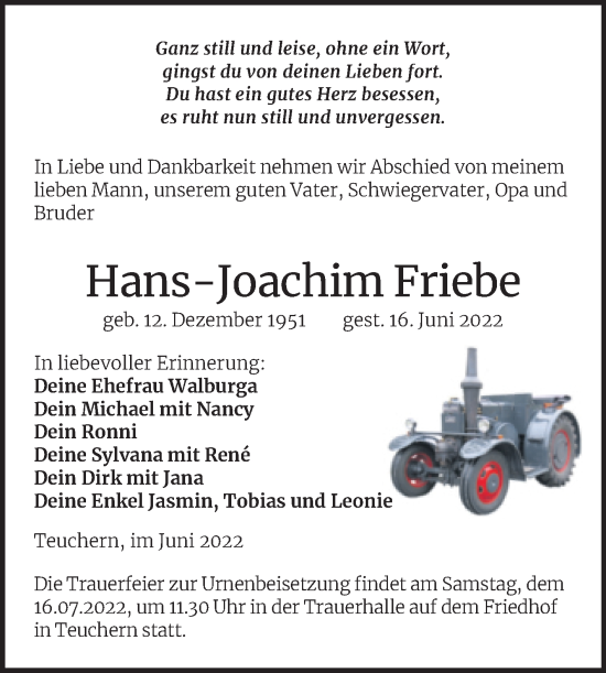 Traueranzeige von Hans-Joachim Friebe von Trauerkombi Weißenfels