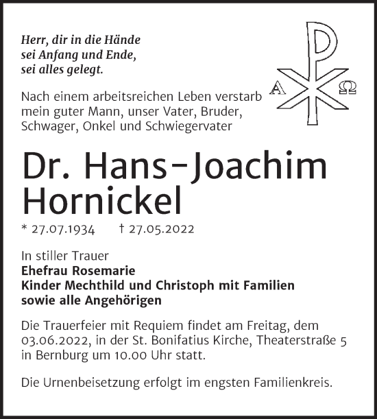 Traueranzeige von Hans-Joachim Hornickel von Trauerkombi Bernburg