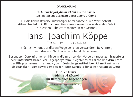 Traueranzeige von Hans-Joachim Köppel von Wochenspiegel Naumburg/Nebra
