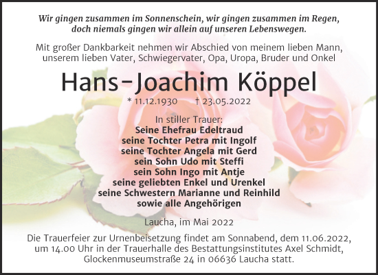 Traueranzeige von Hans-Joachim Köppel von Wochenspiegel Naumburg/Nebra