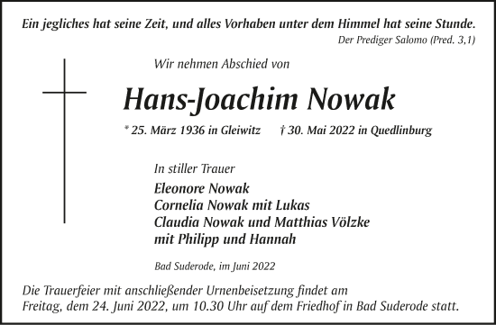 Traueranzeige von Hans-Joachim Nowak von Mitteldeutsche Zeitung Quedlingburg