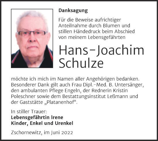 Traueranzeige von Hans-Joachim Schulze von Trauerkombi Wittenberg