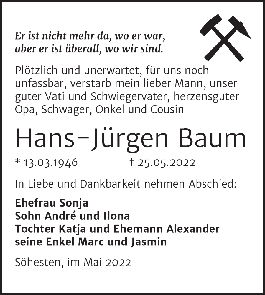  Traueranzeige für Hans-Jürgen Baum vom 01.06.2022 aus Trauerkombi Weißenfels