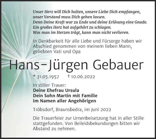 Traueranzeige von Hans-Jürgen Gebauer von Wochenspiegel Naumburg/Nebra