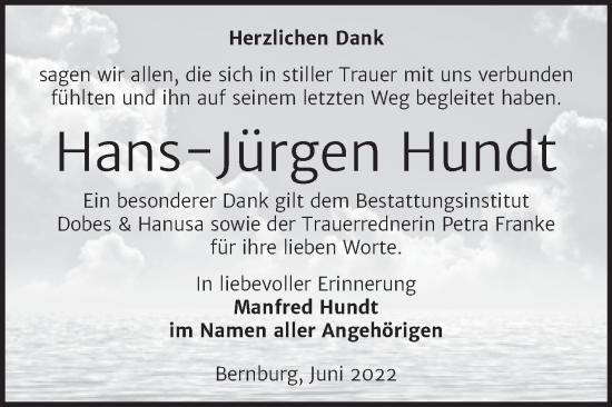 Traueranzeige von Hans-Jürgen Hundt von Trauerkombi Bernburg