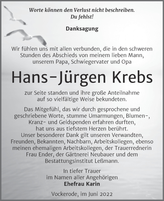 Traueranzeige von Hans-Jürgen Krebs von Trauerkombi Wittenberg