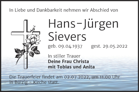 Traueranzeige von Hans-Jürgen Sievers von Trauerkombi Wittenberg