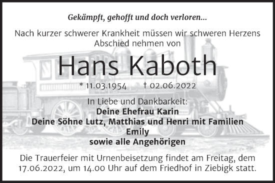 Traueranzeige von Hans Kaboth von Trauerkombi Köthen