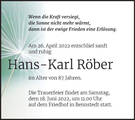 Traueranzeige von Hans-Karl Röber von Mitteldeutsche Zeitung Halle/Saalkreis
