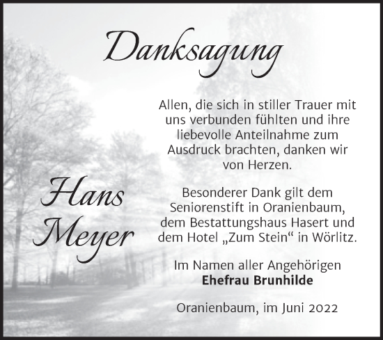 Traueranzeige von Hans Meyer von Trauerkombi Wittenberg