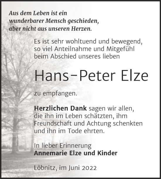 Traueranzeige von Hans-Peter Elze von Trauerkombi Bitterfeld