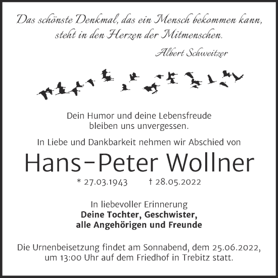 Traueranzeige von Hans-Peter Wollner von Trauerkombi Wittenberg
