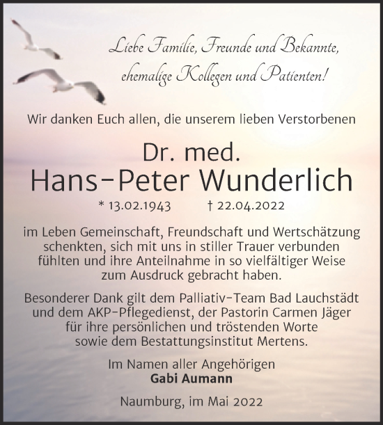 Traueranzeige von Hans-Peter Wunderlich von Wochenspiegel Naumburg/Nebra