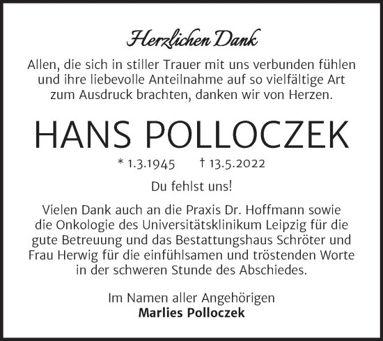 Traueranzeige von Hans Polloczek von Trauerkombi Bitterfeld