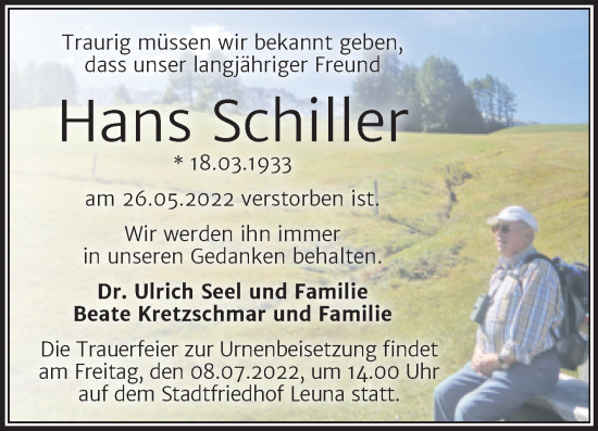 Traueranzeige von Hans Schiller von Trauerkombi Merseburg