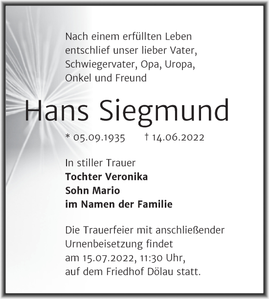 Traueranzeige von Hans Siegmund von Mitteldeutsche Zeitung Halle/Saalkreis