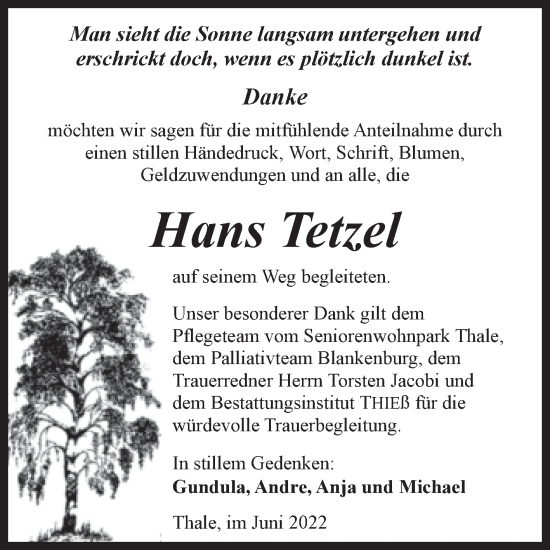 Traueranzeige von Hans Tetzel von Trauerkombi Quedlinburg