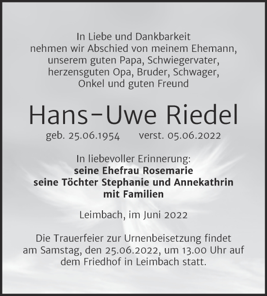 Traueranzeige von Hans-Uwe Riedel von Trauerkombi Mansfelder Land
