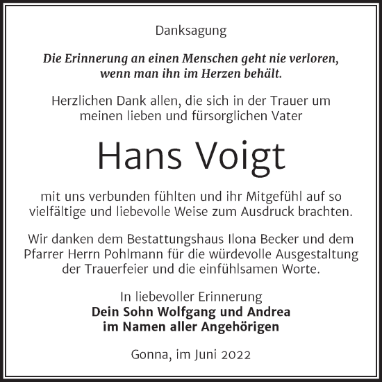 Traueranzeige von Hans Voigt von Trauerkombi Sangerhausen