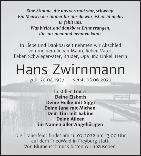 Traueranzeige von Hans Zwirnmann von Trauerkombi Weißenfels