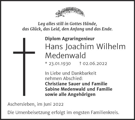 Traueranzeige von Hans Joachim Wilhelm Medenwald von Trauerkombi Aschersleben