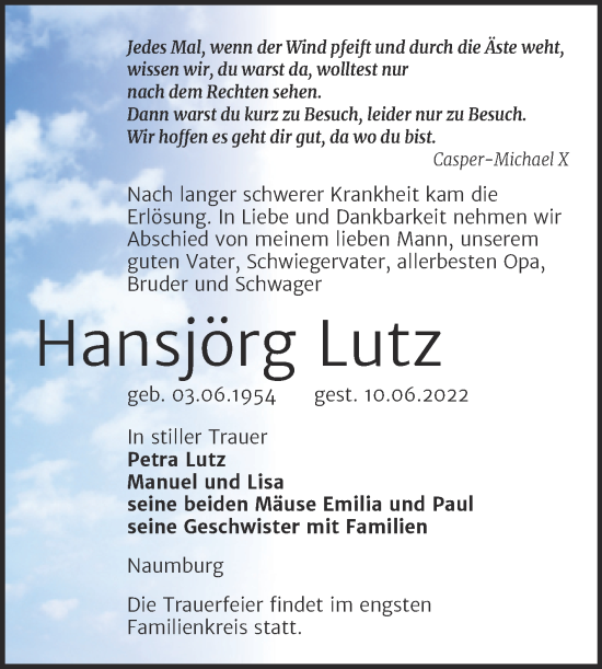 Traueranzeige von Hansjörg Lutz von Wochenspiegel Naumburg/Nebra