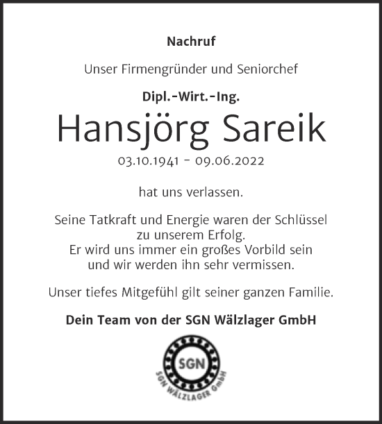 Traueranzeige von Hansjörg Sareik von Mitteldeutsche Zeitung Dessau-Roßlau