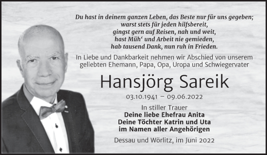 Traueranzeige von Hansjörg Sareik von Trauerkombi Dessau