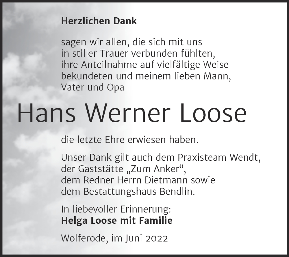  Traueranzeige für Hans Werner Loose vom 15.06.2022 aus Trauerkombi Mansfelder Land