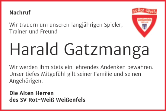 Traueranzeige von Harald Gatzmanga von Trauerkombi Weißenfels