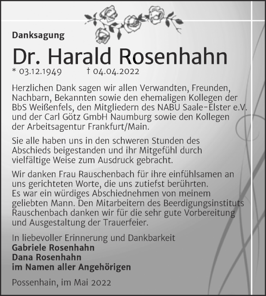 Traueranzeige von Harald Rosenhahn von Wochenspiegel Naumburg/Nebra