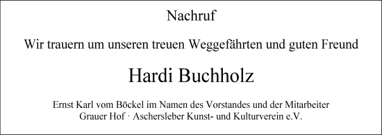 Traueranzeige von Hardi Buchholz von Super Sonntag Aschersleben