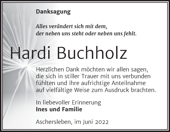 Traueranzeige von Hardi Buchholz von Trauerkombi Aschersleben