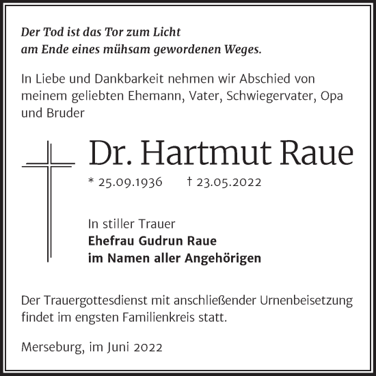 Traueranzeige von Hartmut Raue von Trauerkombi Merseburg