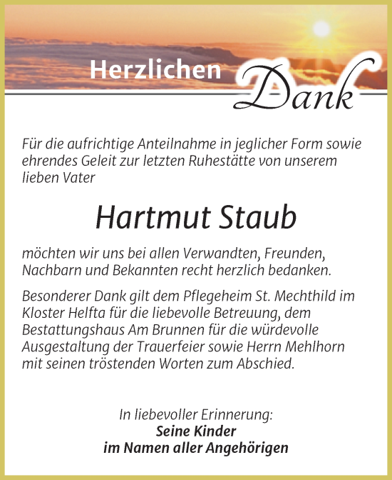 Traueranzeige von Hartmut Staub von Trauerkombi Mansfelder Land