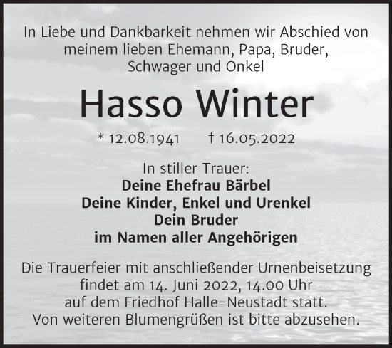 Traueranzeige von Hasso Winter von Mitteldeutsche Zeitung Halle/Saalkreis