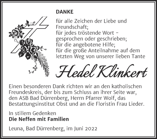Traueranzeige von Hedel Klinkert von Trauerkombi Merseburg