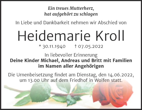Traueranzeige von Heidemarie Kroll von Trauerkombi Bitterfeld