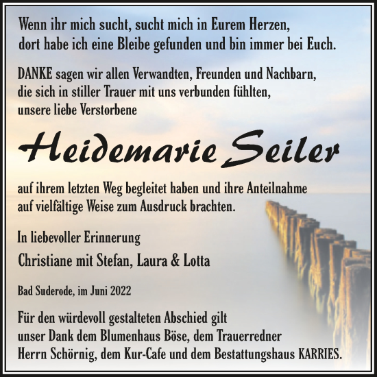 Traueranzeige von Heidemarie Seiler von Trauerkombi Quedlinburg