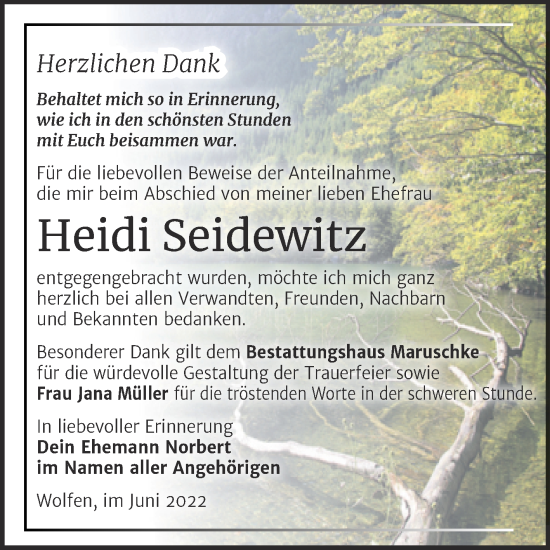 Traueranzeige von Heidi Seidewitz von Trauerkombi Bitterfeld