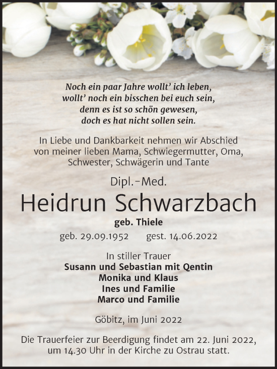 Traueranzeige von Heidrun Schwarzbach von Mitteldeutsche Zeitung Zeitz