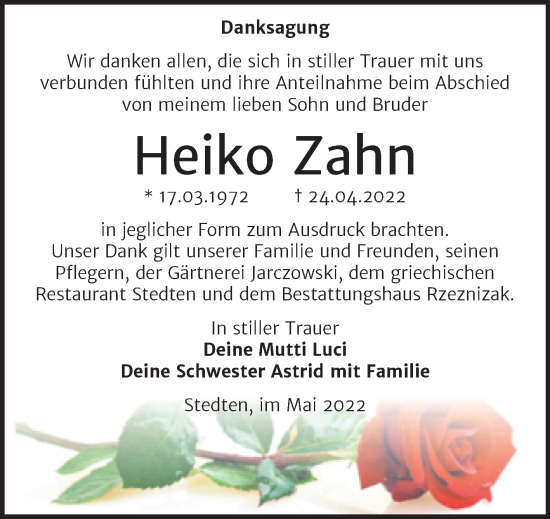 Traueranzeige von Heiko Zahn von Trauerkombi Mansfelder Land