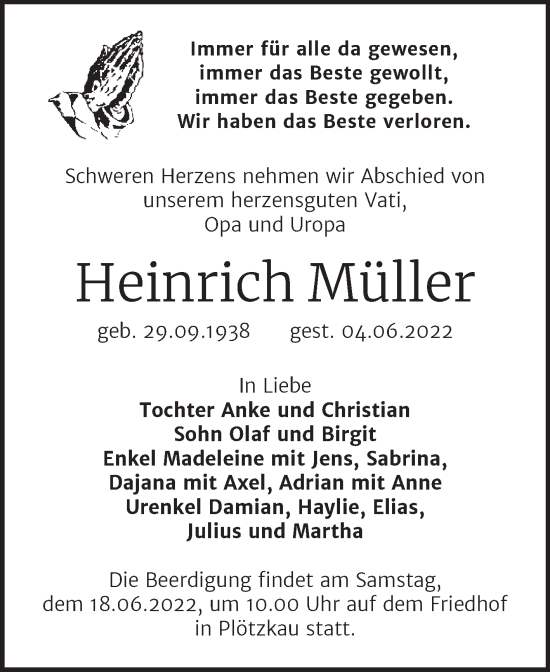 Traueranzeige von Heinrich Müller von Trauerkombi Bernburg