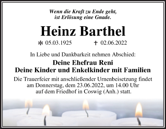Traueranzeige von Heinz Barthel von Trauerkombi Wittenberg