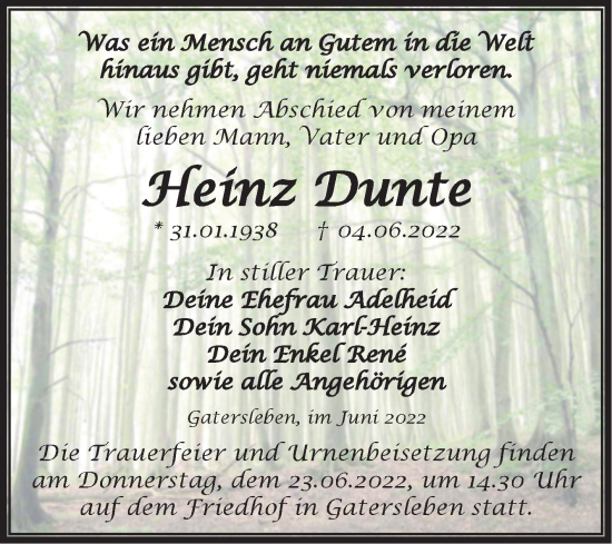 Traueranzeige von Heinz Dunte von Trauerkombi Aschersleben