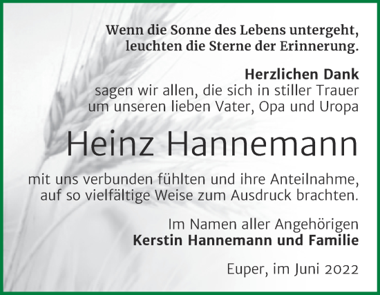 Traueranzeige von Heinz Hannemann von Trauerkombi Wittenberg