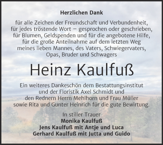 Traueranzeige von Heinz Kaulfuß von Mitteldeutsche Zeitung Merseburg/Querfurt