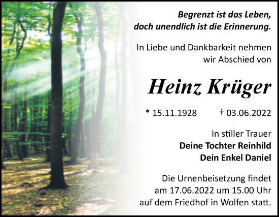 Traueranzeige von Heinz Krüger von Trauerkombi Bitterfeld