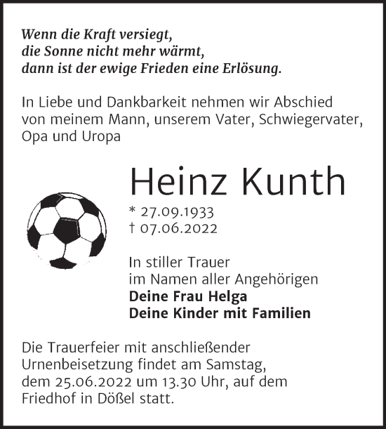 Traueranzeige von Heinz Kunth von Mitteldeutsche Zeitung Halle/Saalkreis